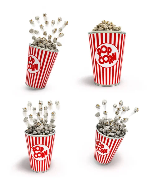 Popcorn v pruhované červené sklo letí 3d vykreslení na bílém pozadí — Stock fotografie