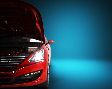 mavi motor 3d render manzaralı bir araba kaputu açın