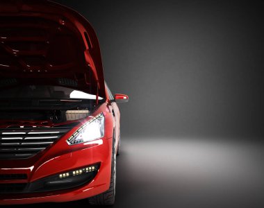 motoru 3d render ile bir araba kaputu açın