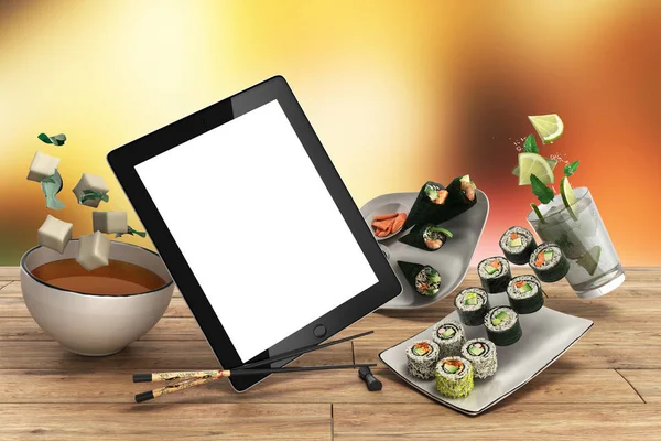 Online Japanese food delivery concept with sushi rolls on an ele — Stock Photo, Image