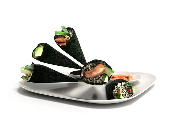 Japoński żywności koncepcji dostawy z sushi rolls ilustracja 3d — Zdjęcie stockowe