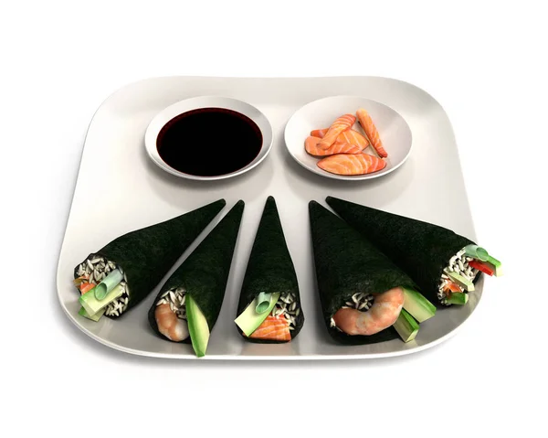 Japanisches Essenslieferkonzept mit Sushi-Rollen 3D-Illustration — Stockfoto