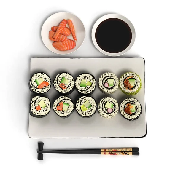 在线的日本料理寿司卷 3d 渲染上白 — 图库照片