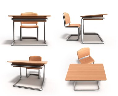 okul masa ve sandalye beyaz arka plan üzerinde 3d render
