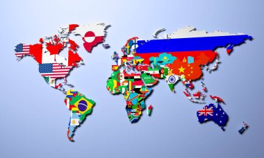 Tüm ülkeler ve onların bayrakları 3d render Dünya Haritası
