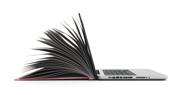 beyaz üzerine yaratıcı E-öğrenme kavramı kitap ve Laptop 3d render