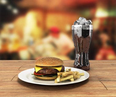 hamburger ve bir bardak buz üzerinde renk ahşap masa Fre cola