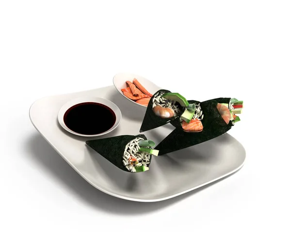 日本食品交付概念与寿司卷 3d 图 — 图库照片