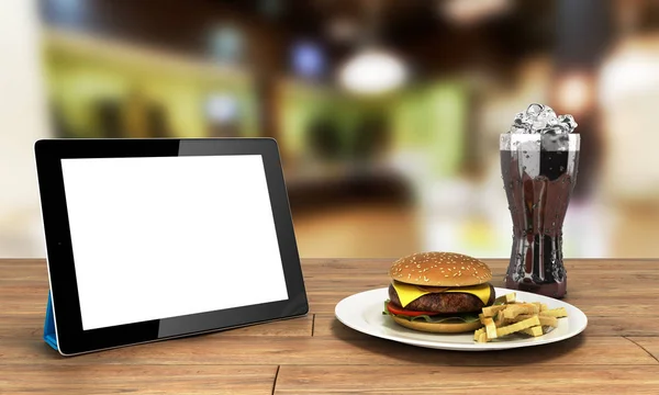 Tablet computer con uno schermo vuoto sul tavolo di legno con una h — Foto Stock