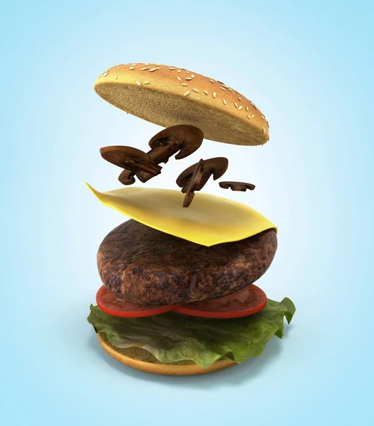 Abertura do hambúrguer americano 3d render em gradiente — Fotografia de Stock