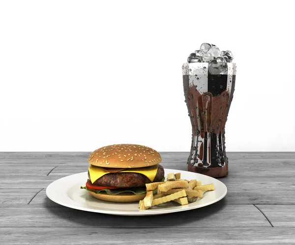 hamburger ve ahşap masa ücretsiz spac buza cola bir bardak