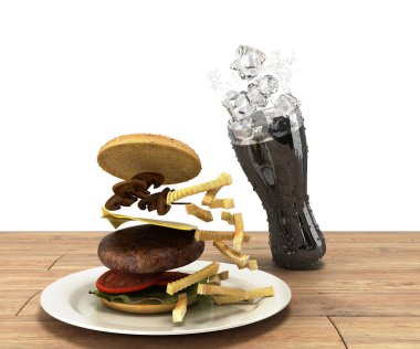 hamburger ve ahşap masa ücretsiz spac buza cola bir bardak