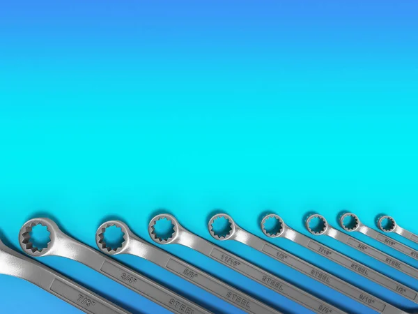 Set of spanners as background 3d render on gradient — Stock Photo, Image