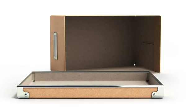 Caixas de organização conceito com uma caixa vazia aberta 3d render — Fotografia de Stock