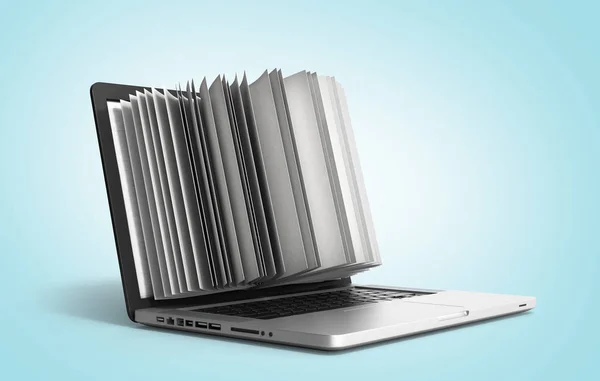Creatieve E-learning Concept boek en Laptop 3d render — Stockfoto