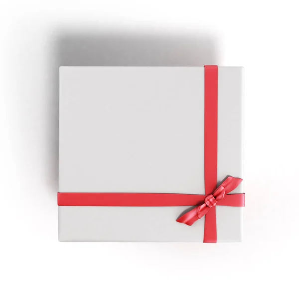 Caixa de presente quadrado branco fechar com fita vermelha e arco superior rende 3d — Fotografia de Stock