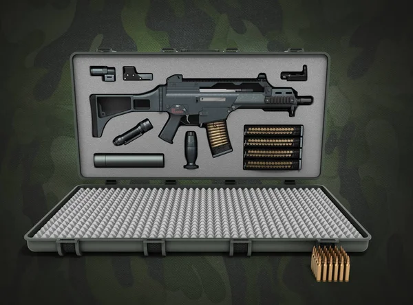 Gun in the briefcase 3d render on a color background — Stock Photo, Image