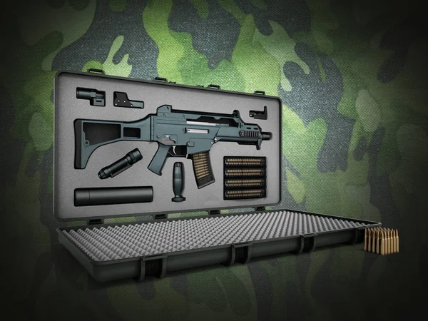 Gun in the briefcase 3d render on a color background — Stock Photo, Image