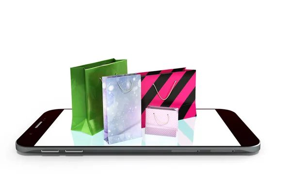 Handy und Einkaufstaschen 3D-Rendering auf weiß — Stockfoto