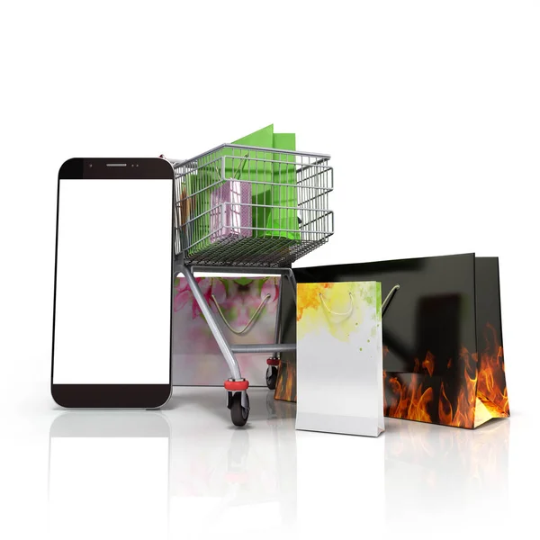 Pacotes ao lado do telefone e um carrinho para supermercados 3d rend — Fotografia de Stock