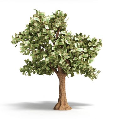 Doları ağaç beyaz 3d çizim üzerinde yüz dolar faturaları ile