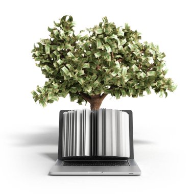 Beyaz arka plan 3d render başarı k üzerinde para ağacı ile siyah pc