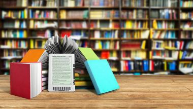 E-kitap okuyucu kitap ve tablet Kütüphane arka plan 3d illustratio