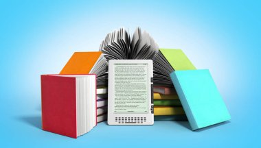 E-kitap okuyucu kitap ve tablet 3d render görüntü üzerinde gradyan