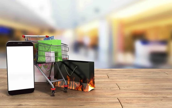 Pacotes ao lado do telefone e um carrinho para supermercados em madeira — Fotografia de Stock