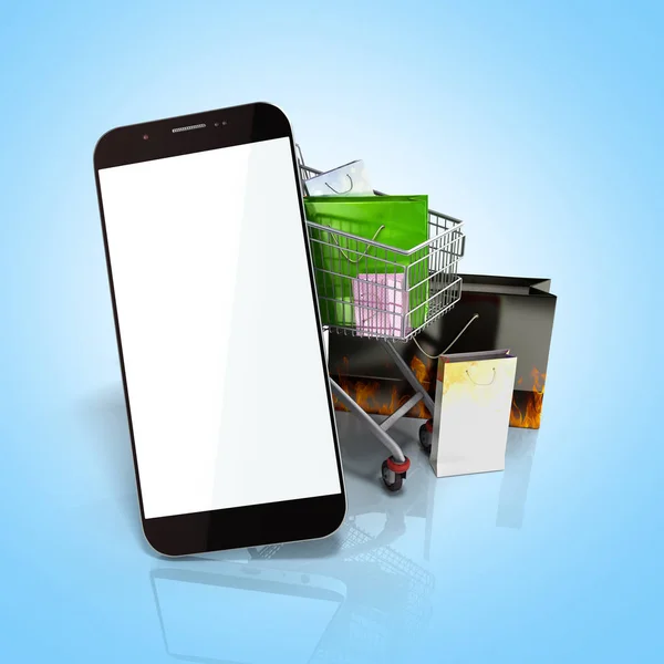 Пакети поруч з телефоном і візок для супермаркетів 3d illu — стокове фото