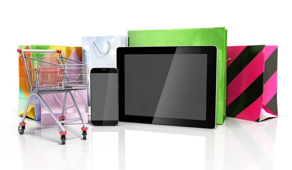 Paket telefon ve cam flor 3d illustrati tablete yanında — Stok fotoğraf