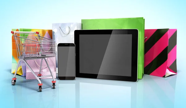 Paket telefon ve cam flor 3d render üzerinde tablete yanında — Stok fotoğraf