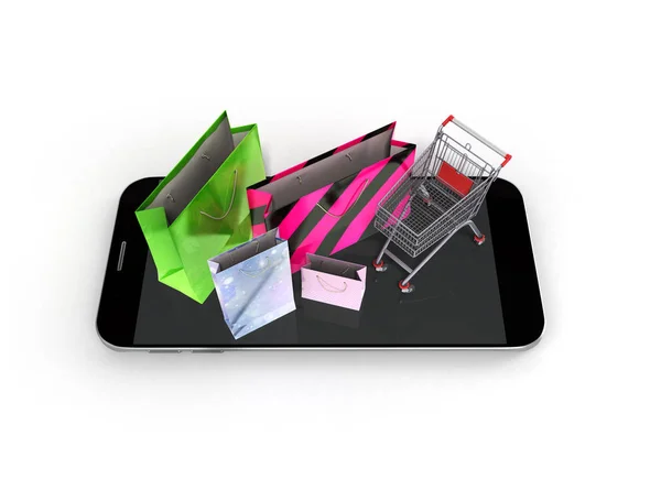 Cellphone and shopping bags 3d illustration on white — Stock Photo, Image