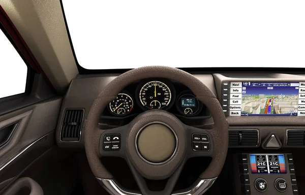 Front view dashboard of modern brand new car with windows 3d ill — Stock Photo, Image