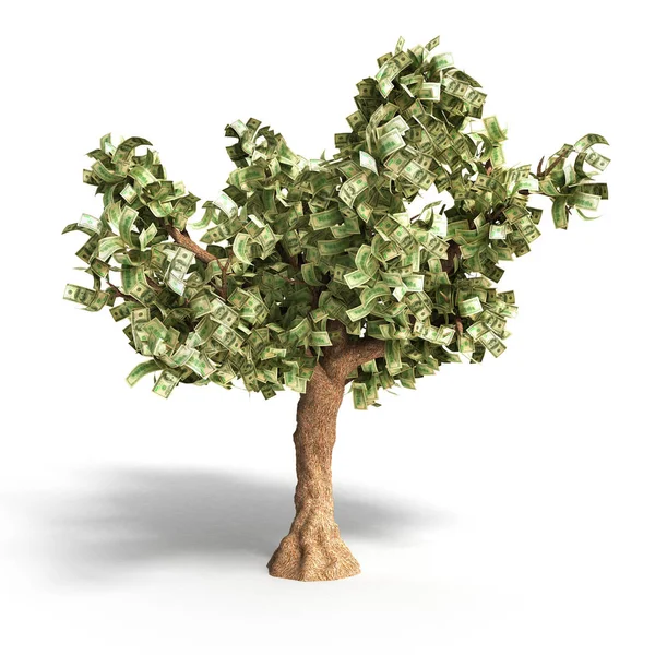 Arbre de dollar avec des billets de cent dollars sur illustration 3d blanche — Photo