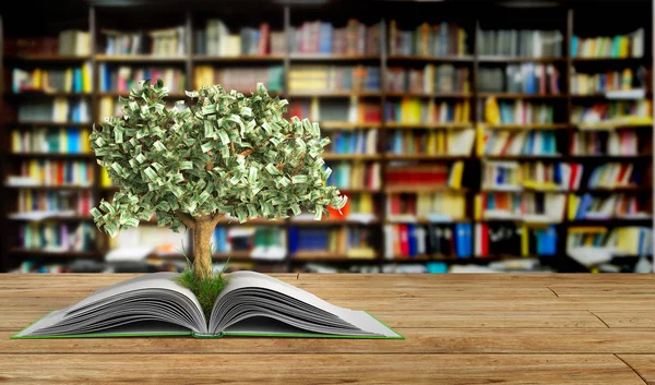 Дерево растет из книги Большая открытая книга 3D рендеринг Успех Знания — стоковое фото