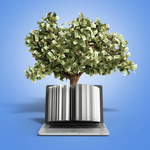 Black pc with money tree on gradient background 3d render Succes