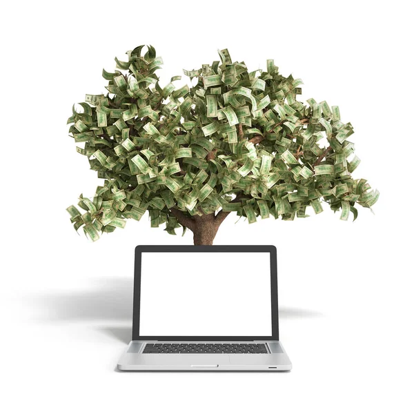 Fekete üres képernyő pc pénz fa, a fehér háttér 3d ren — Stock Fotó