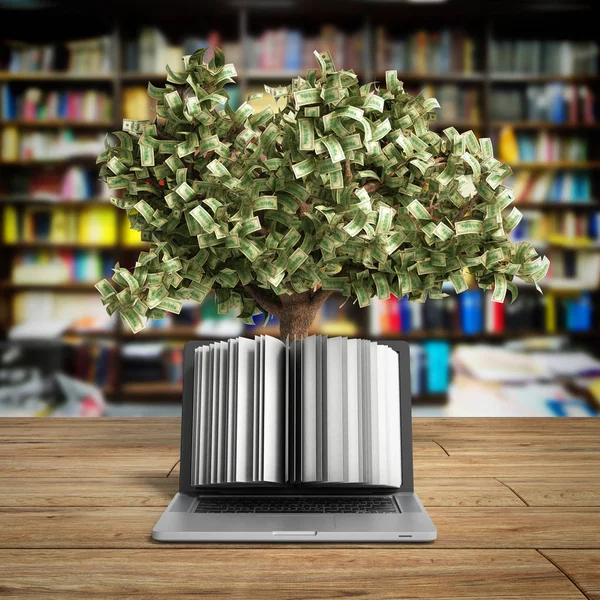 Black pc with money tree 3d render Success knowlage concept