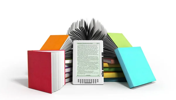 Lecteur de livres électroniques Livres et tablette 3d rendre l'image sur blanc — Photo