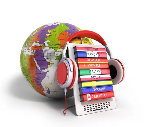 E-boock Whith global audio learning languages 3d render on white — стоковое фото