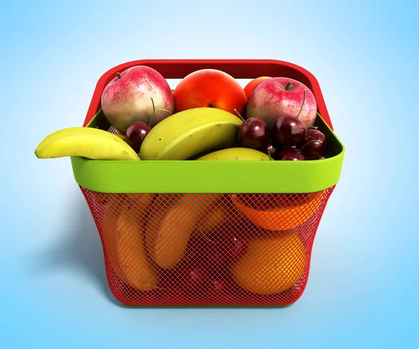 Cesta de la compra llena de fruta fresca 3d ilustración aislada en — Foto de Stock