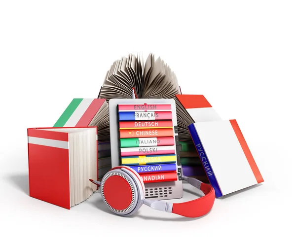 Tanulás a nyelvek és a könyvek e-book-audio 3d render, fehér — Stock Fotó