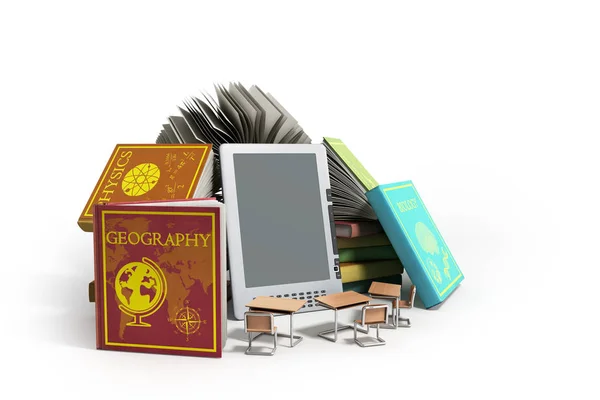 Lector de libros electrónicos Libros y tabletas sobre madera Ilustración 3D Éxito k —  Fotos de Stock