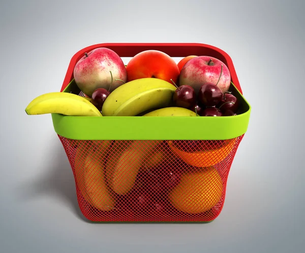 Cesta de la compra llena de fruta fresca 3d ilustración aislada en — Foto de Stock