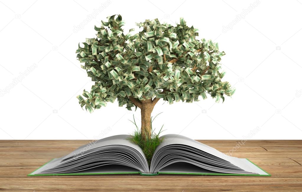 Tree growing from book A big open book with tree Reading makes y