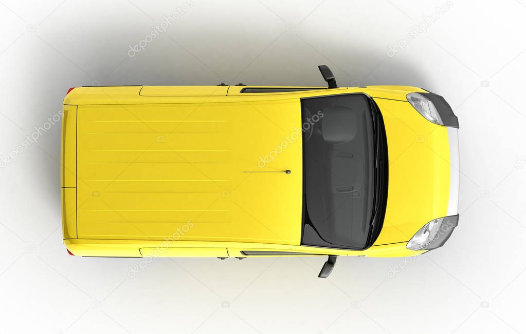 Yellow delivery car in top on a white background 3D illustration