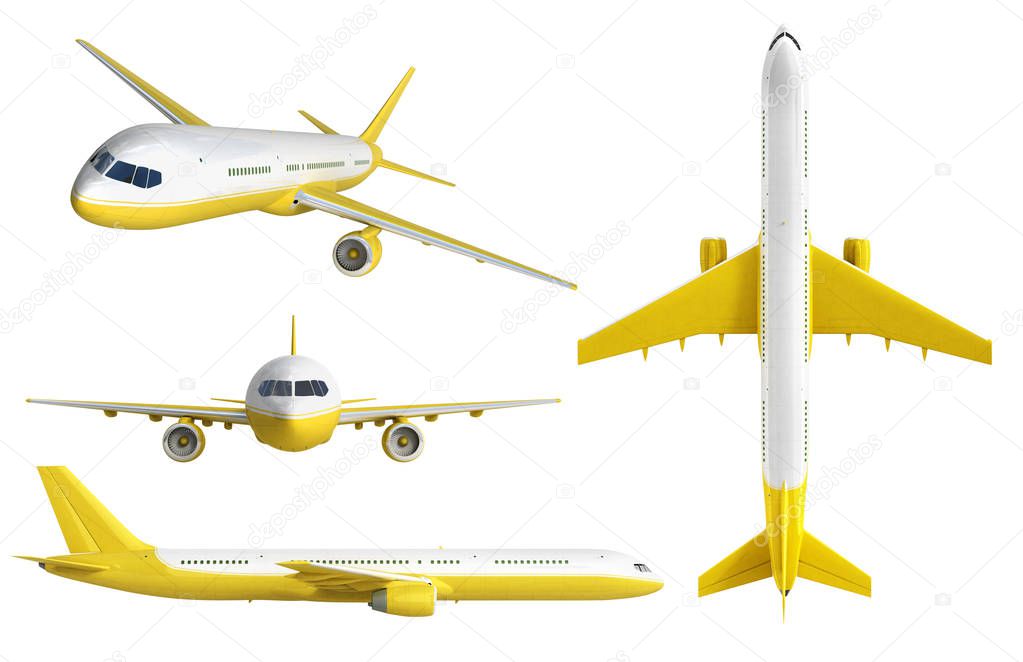 white and yelow airplane set 3d rendering on white background 