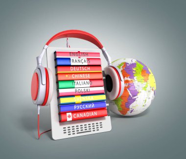 e-kitap Dünya ses dilleri 3d render gri gra üzerinde öğrenme ile