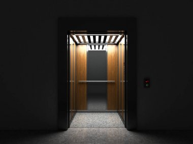 Gerçekçi açık boş Asansör ile yarım açık kapı 3d render 
